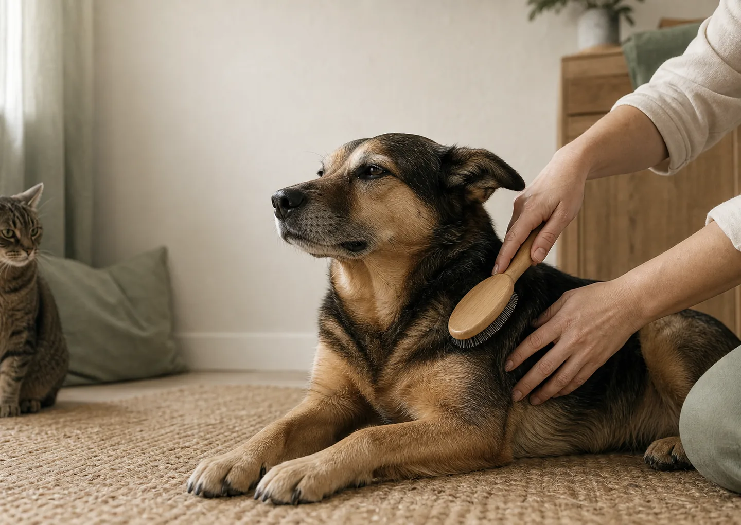 Ein Hund wird in ruhiger Umgebung sanft gebürstet, während eine Katze dabeisitzt